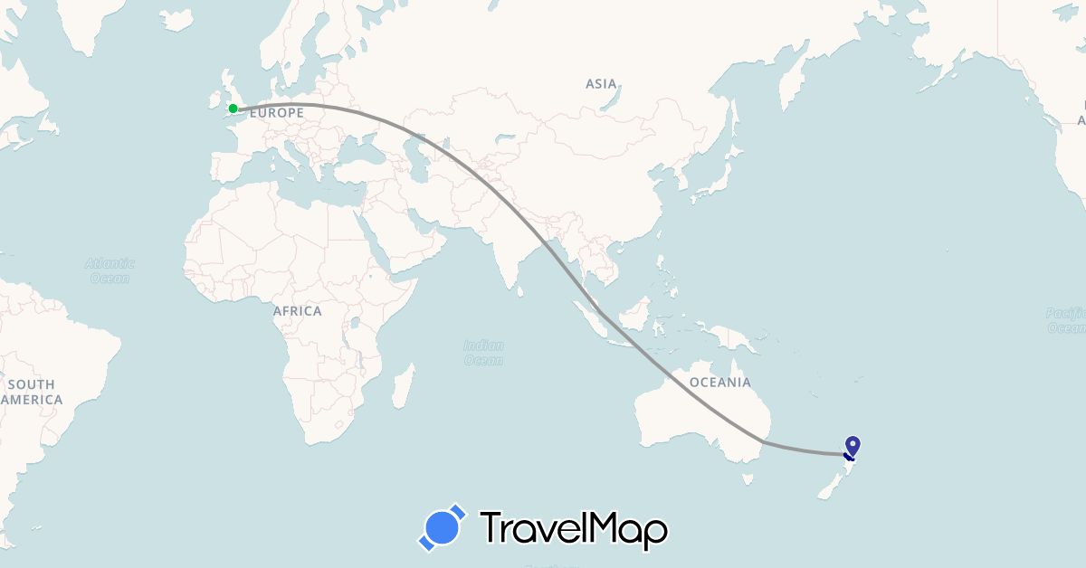 TravelMap itinerary: driving, bus, plane, boat in Australia, United Kingdom, New Zealand, Singapore (Asia, Europe, Oceania)